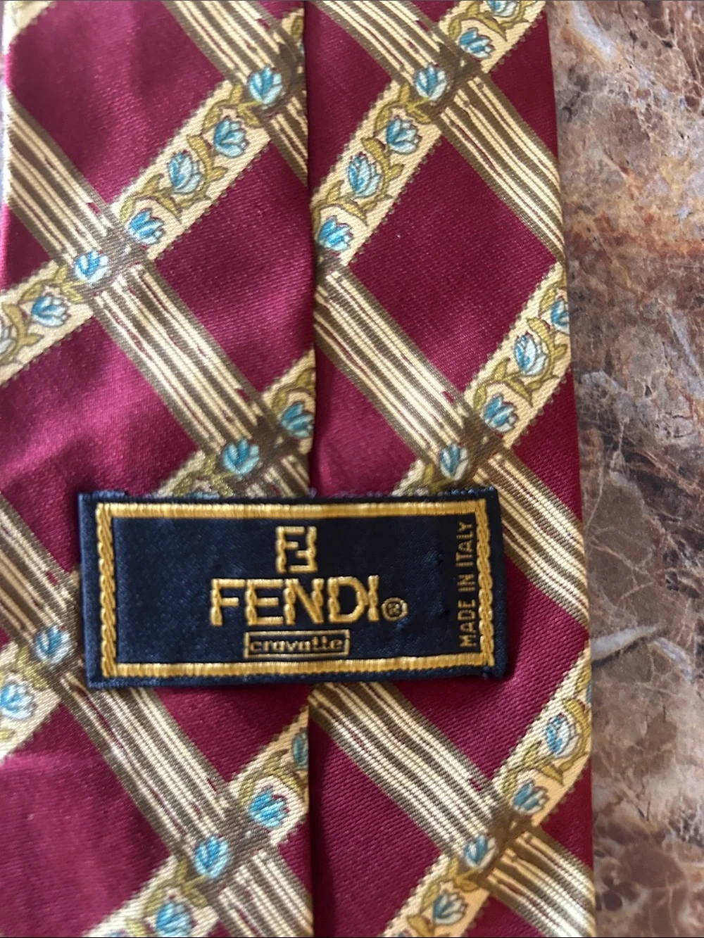 FENDI Burgundy Patterned Silk Tie with Gold Lattice